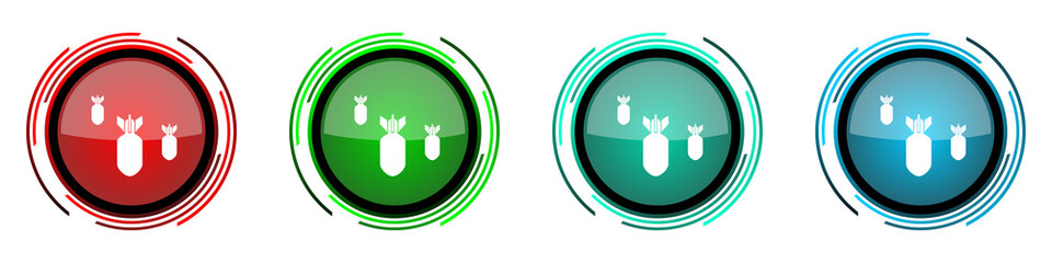 Leinwandbilder - Bomb round glossy vector icons, war, military, weapon set of buttons for webdesign, internet and mobile phone applications in four colors options isolated on white background