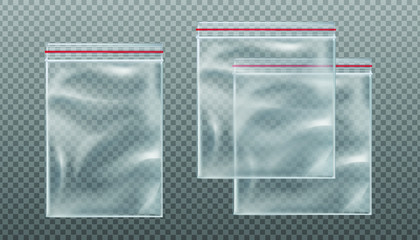 Wall Mural -  vector zip transparent bags. Empty mockup pouches in different sizes on transparent background.