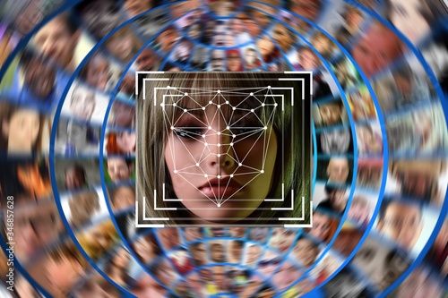 Fotomural Illustration of a system identifying female face with many other blurred faces o