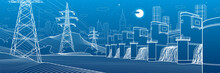 Hydro Power Plant. River Dam. Energy Station. Power Lines. People At Shore. City Infrastructure Industrial Panorama. Urban Life. White Outline On Blue Background. Vector Design Art