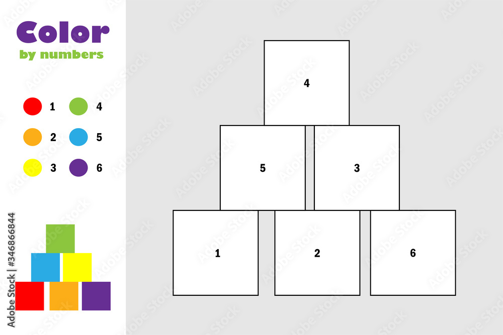 Cubes in cartoon style, color by number, education paper game for the ...