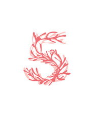 Sticker - Number 5 pink colored seaweeds underwater ocean plant sea coral elements flat vector illustration on white background