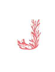 Wall Mural - Letter J pink colored seaweeds underwater ocean plant sea coral elements flat vector illustration on white background