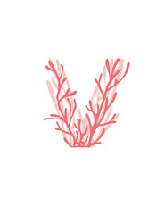 Wall Mural - Letter V pink colored seaweeds underwater ocean plant sea coral elements flat vector illustration on white background