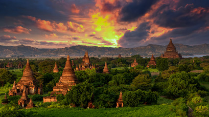 Wall Mural - Asian ancient architecture archaeology temple in Bagan at sunset, Myanmar ananda temple in the Bagan Archaeological Zone Pagodas and temple of Bagan world heritage site, Myanmar, Asia.