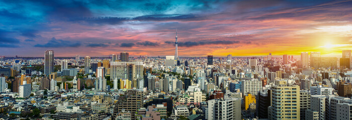 Fototapete - Panorama of cityscape at sunset in Tokyo, Japan.