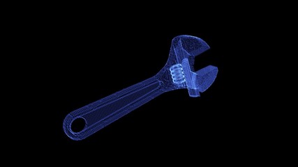 The hologram of a wireframe adjustable wrench universal. 3D animation of hand tool on a black background with a seamless loop