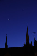 Silhuette of the Two Church Spires in Enniskillen with The Moon and Venus Above