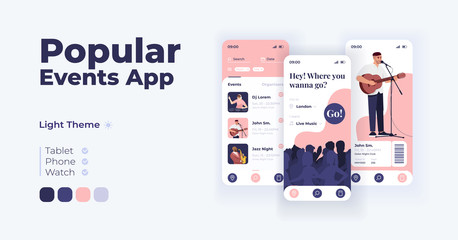 Popular events app cartoon smartphone interface vector templates set. Mobile app screen page day mode design. Recreation planner system UI for application. Phone display with flat character