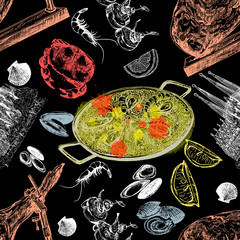 Wall Mural - Seamless pattern of hand drawn sketch style Spainish food isolated on black background. Vector illustration.