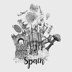 Wall Mural - Poster / card / composition of colorful hand drawn sketch style Spain related objects isolated on white background. Vector illustration.