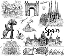 Poster / Card / Composition Of Colorful Hand Drawn Sketch Style Spain Related Objects Isolated On White Background. Vector Illustration.