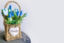 Basket With Blue Spring Flowers. Spring Bouquet With A Declaration Of Love.