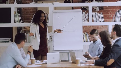 Wall Mural - Confident smiling young african american female speaker standing near whiteboard, pointing at hand drawn graph, explaining marketing strategy or company growth plan to involved diverse employees.