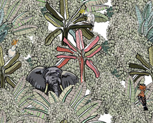 Elephants And Parrorts Cockatoo In Tropical Jungles India Oriental Style Faded Colors, Wildlife In Plants Textile Print, Seamless Pattern Hand Drawn Illustration Animals Hidden In Mountains
