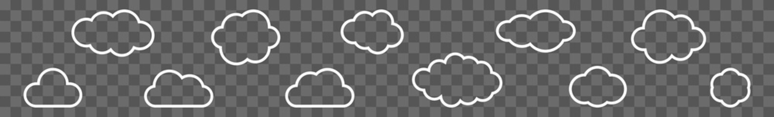 Wall Mural - Cloud Icon White Line | Clouds Illustration | Weather Climate Symbol | Computing Storage Logo | Cartoon Bubble Sign | Isolated | Variations