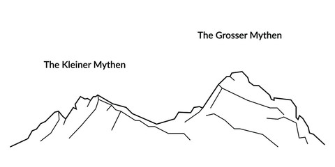 The Kleiner Mythen and The Grosser Mythen mounts. Schwyzer Alps, Central Switzerland. Mountains. Vector black and white line illustration. Contour line mount. Print design. Hiking, climbing. 