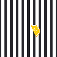 Wall Mural - Orange slice on striped black and white background. Vector seamless pattern. Simple minimalist design.