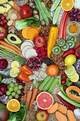 Wall Mural - Large collection of immune boosting healthy food for fitness & energy with foods high in antioxidants, anthocyanins, vitamins, minerals, protein, omega 3, smart carbs, lycopene & fiber. Flat lay.