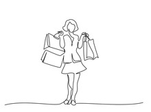 Happy Young Woman With Shopping Bags One Line Drawing