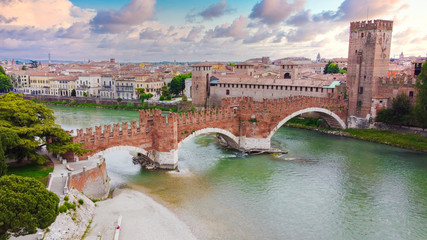 Wall Mural - Castelvecchio bridge, Verona, Sunset, Aereal View, italy, Castel Vecchio, Verona City