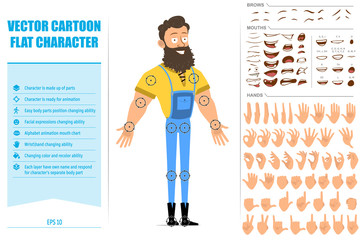 Cartoon flat funny strong bearded lumberjack in blue jeans. Ready for animation. Face expressions, eyes, brows, mouth and hands easy to edit. Isolated on white background. Big vector icon set.