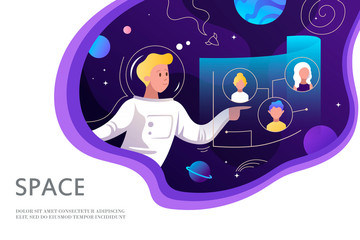 Wall Mural - remote work and communication. astronaut in space controls new technologies. vector illustration. te