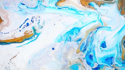 Wall Mural - Fluid art painting video, abstract acryl texture with colorful waves. Liquid paint mixing artwork with splash and swirl. Detailed background motion with golden, white and blue overflowing colors