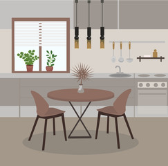 Modern Kitchen interior with window, dining table, kitchen utensils, plants. House Room Flat Vector Illustration