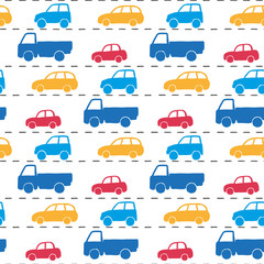 Wall Mural - Different multi-colored cars isolated on a white background. Beautiful childish seamless pattern. Hand drawn vector graphic illustration. Texture.