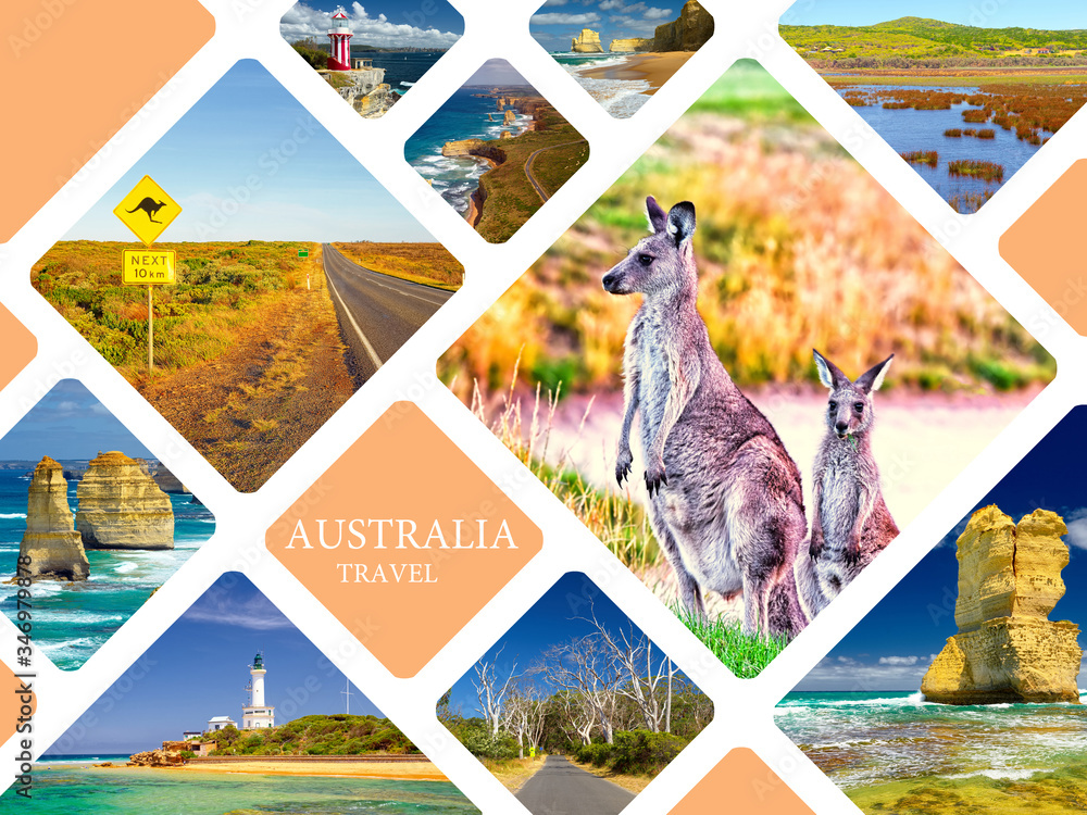 Photo collage of Australia. Great Ocean Road. Twelve Apostles. Travel - obrazy, fototapety, plakaty 
