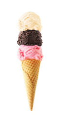 Wall Mural - Triple scoop ice cream cone isolated on a white background. Strawberry,  chocolate and vanilla flavors in a waffle cone.