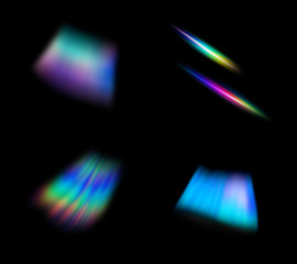 Wall Mural - small abstract colorful rainbow light leak prism flare photography overlay on black background