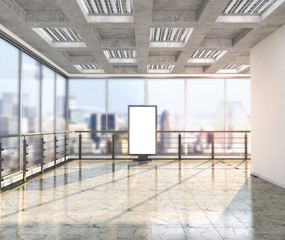 Wall Mural - room of a business building with large windows overlooking the city. Digital media for advertising. 3d illustration