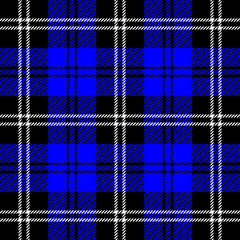 Tartan plaid. Scottish pattern in black, blue and white cage. Scottish cage. Traditional Scottish checkered background. Seamless fabric texture. Vector illustration