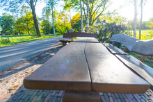 On A Country Road Far Away From Cities There Are Wooden  Benches And Tables Where Every Traveler Can Relax And Enjoy The World