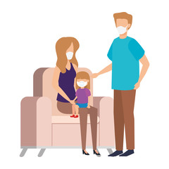 Poster - parents with daughter using face mask with couch vector illustration design