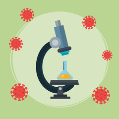 Poster - microscope with particles of covid 19 and tube test vector illustration design