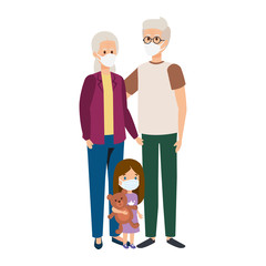 Sticker - grandparents with granddaughter using face mask vector illustration design