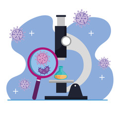 Poster - microscope with particles of covid 19 in magnifying glass and tube test vector illustration design