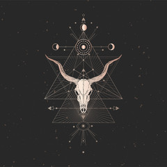 Wall Mural - Vector illustration with hand drawn Antelope skull and Sacred geometric symbol on black vintage background. Abstract mystic sign.