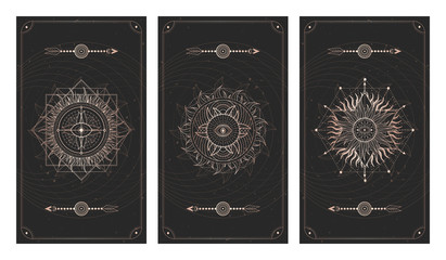 Wall Mural - vector set of three dark illustrations with sacred geometry symbols, grunge textures and frames. ima