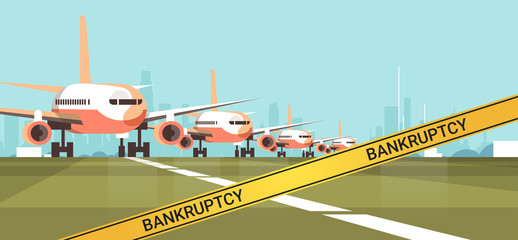 Wall Mural - parked airplanes airport terminal with yellow bankruptcy tape coronavirus pandemic quarantine covid-19 concept horizontal cityscape background vector illustration