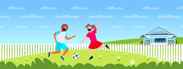 children playing football boy girl wearing face masks to prevent coronavirus pandemic covid-19 quarantine concept landscape background horizontal full length vector illustration