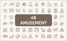 Set Of 48 Carnival And Amusement Park Line Style. Contains Such Icons As Circus, Magic, Party, Festival, Decoration,  Fair, Rides, Playground And More.