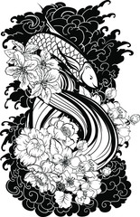 Wall Mural - Colorful Siamese fighting fish or betta fish swimming in Japanese wave with peony and daisy flowers for hand drawn tattoo art design in  geometric and circular ornament frame