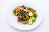 Fototapeta Sypialnia - Greek lemon chicken and brussels sprouts with parsley