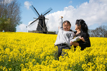 Mother And Daughter Enjoy Outing In A Bright Yellow Rapeseed Field With An Old Wooden Windmill In The Background In Scania, Southern Sweden