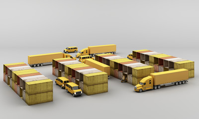 world wide cargo container transport concept in yellow tone colour with truck and van 3d rendering