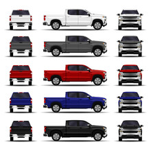 Realistic Cars Set. Truck, Pickup. Front View; Side View; Back View.